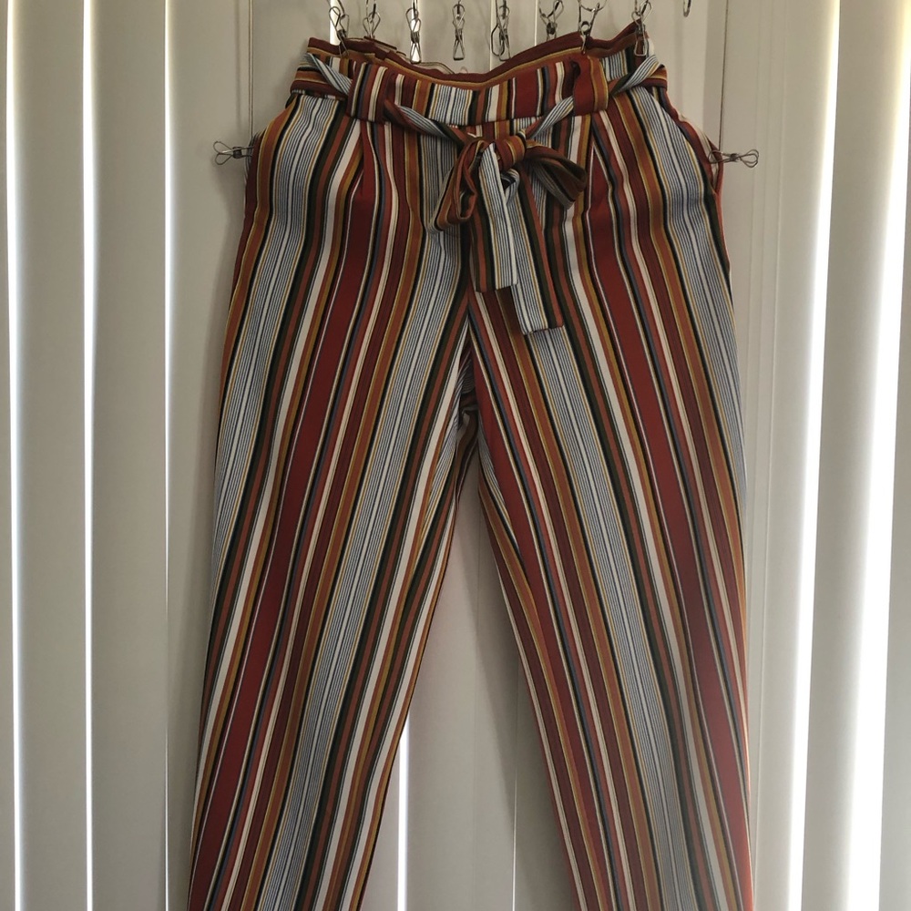 Cream and Brown Vertical Stripe Palazzo Trousers